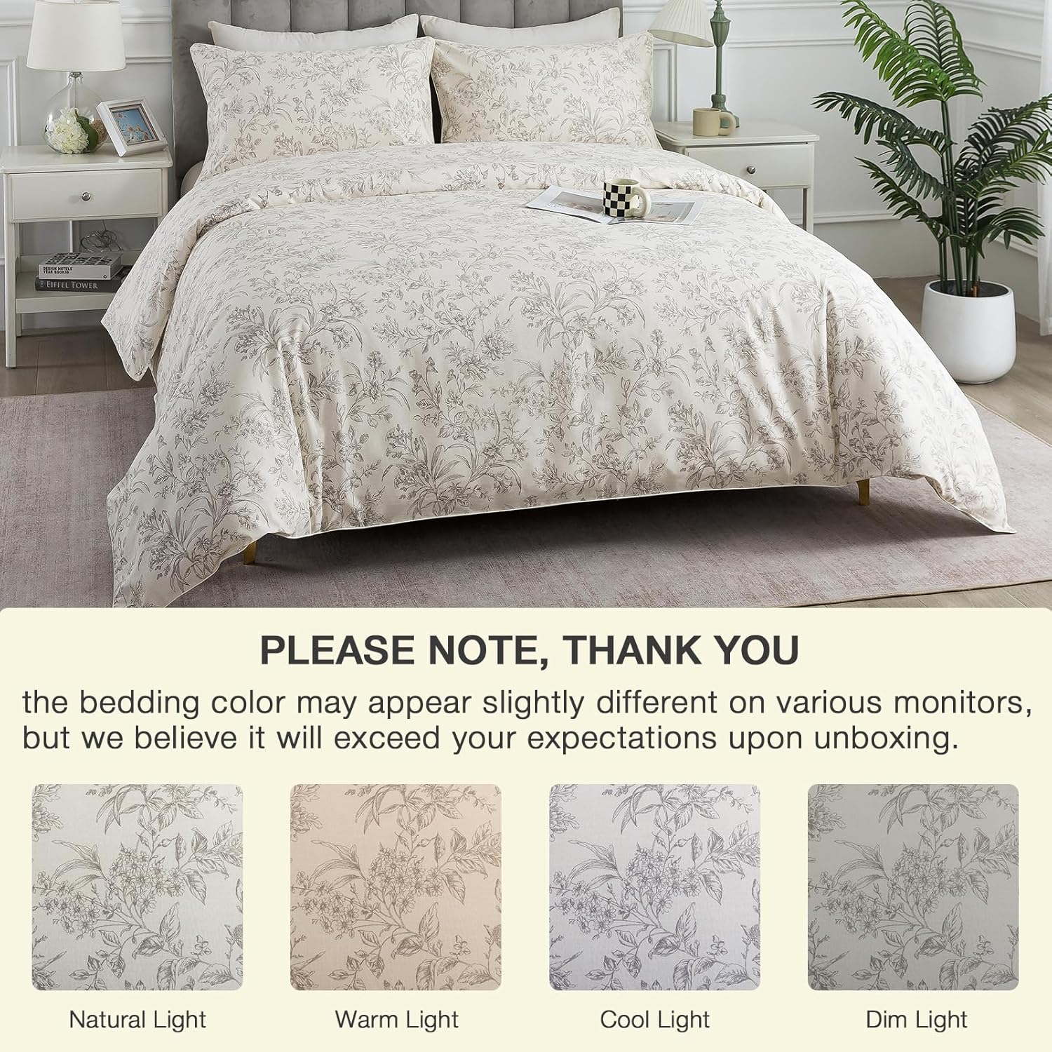 Puralens Vintage Floral Beige Duvet Cover King 100% Cotton, Shabby Flower Patterned Chic Soft Percale Comforter Cover Set, Cute Cottage Rev…