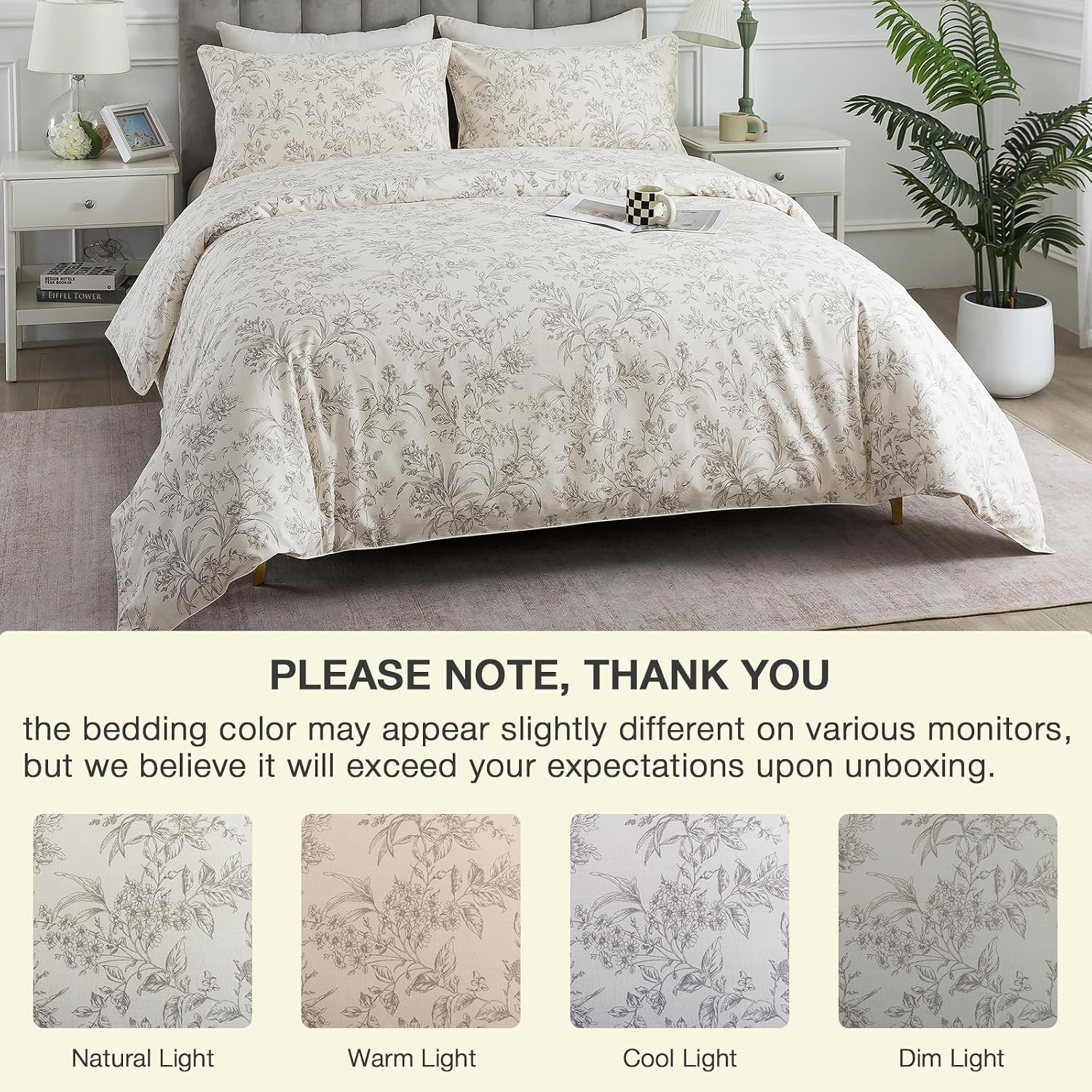 Puralens Beige Floral Duvet Cover Queen 100% Cotton, Vintage Patterned Soft Crisp Percale Toile Comforter Cover Set, Shabby Flower Chic Cut…