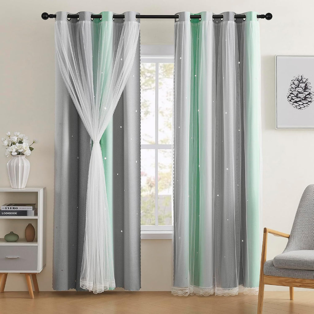 Addsomecolortolife XiDi Bedroom Decor Blackout Curtains for Girl & Kids Room - Rainbow, Unicorn Wall Decals - Green, Light Grey - 52x63 Inc…