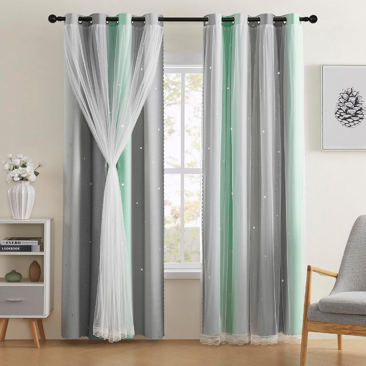 Addsomecolortolife XiDi Bedroom Decor Blackout Curtains for Girl & Kids Room - Rainbow, Unicorn Wall Decals - Green, Light Grey - 52x63 Inc…