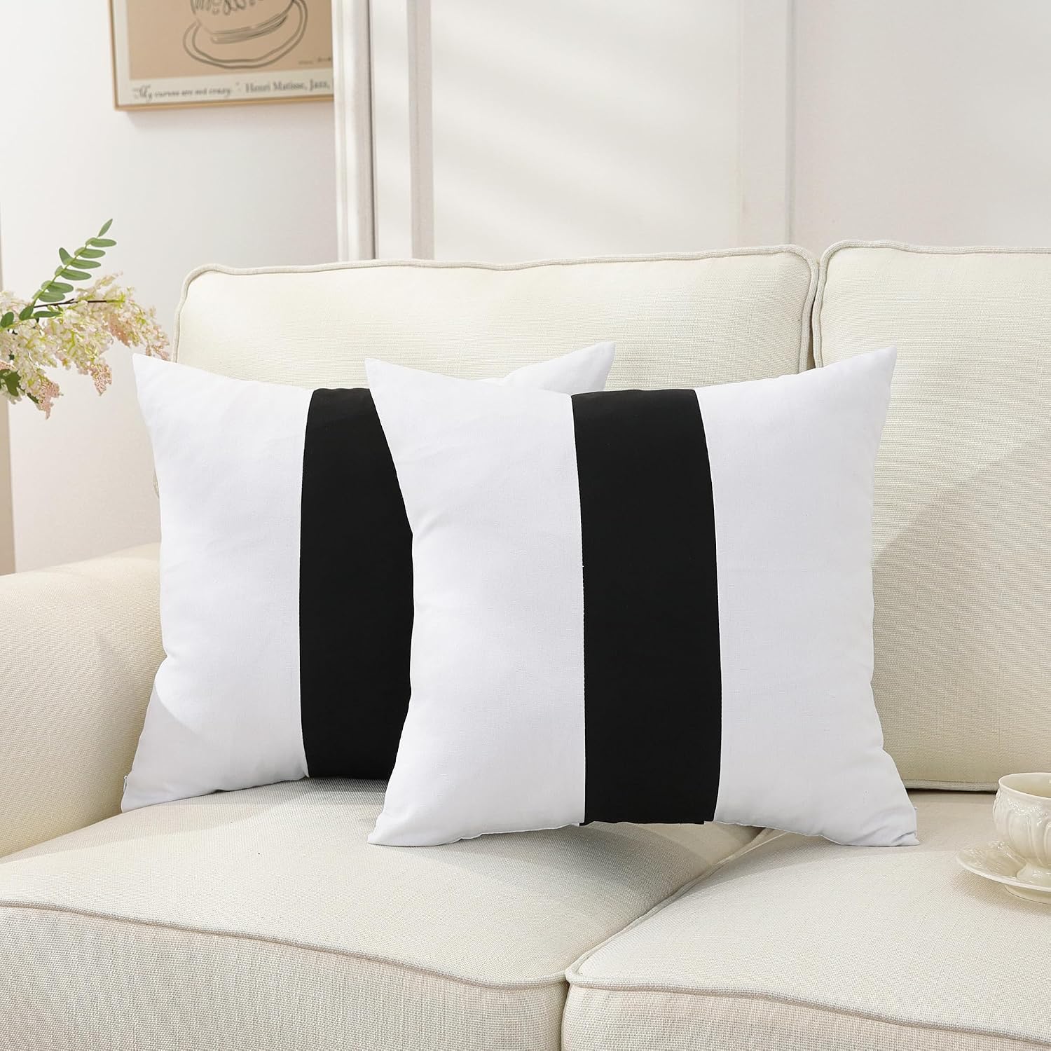 TAOSON Set of 2, 100% Cotton Canvas Patchwork Throw Pillow Covers 24x24 Inch Modern Black Striped Pillow Cushion Covers Farmhouse Decor…