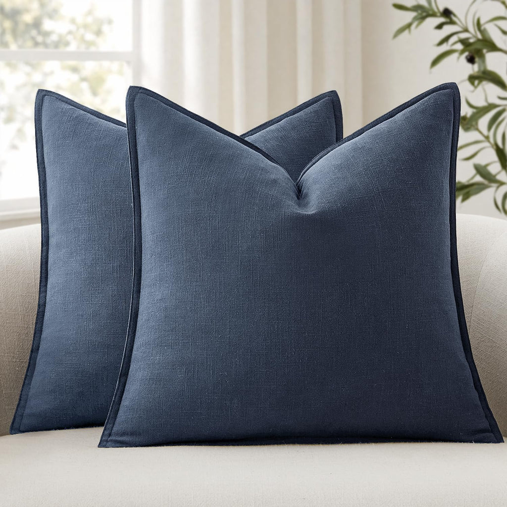 Anroduo Pack of 2 Decorative Linen Pillow Covers Navy Blue Euro Sham Neutral Farmhouse Boho SOID Cushion Case Soft Accent Pillowcase for Co…