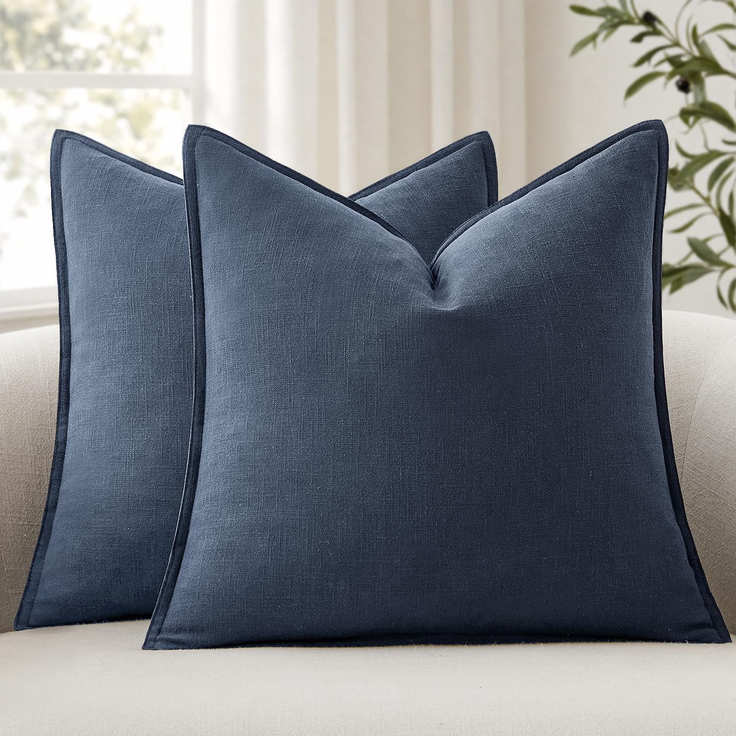 Anroduo Pack of 2 Decorative Linen Pillow Covers Navy Blue Euro Sham Neutral Farmhouse Boho SOID Cushion Case Soft Accent Pillowcase for Co…