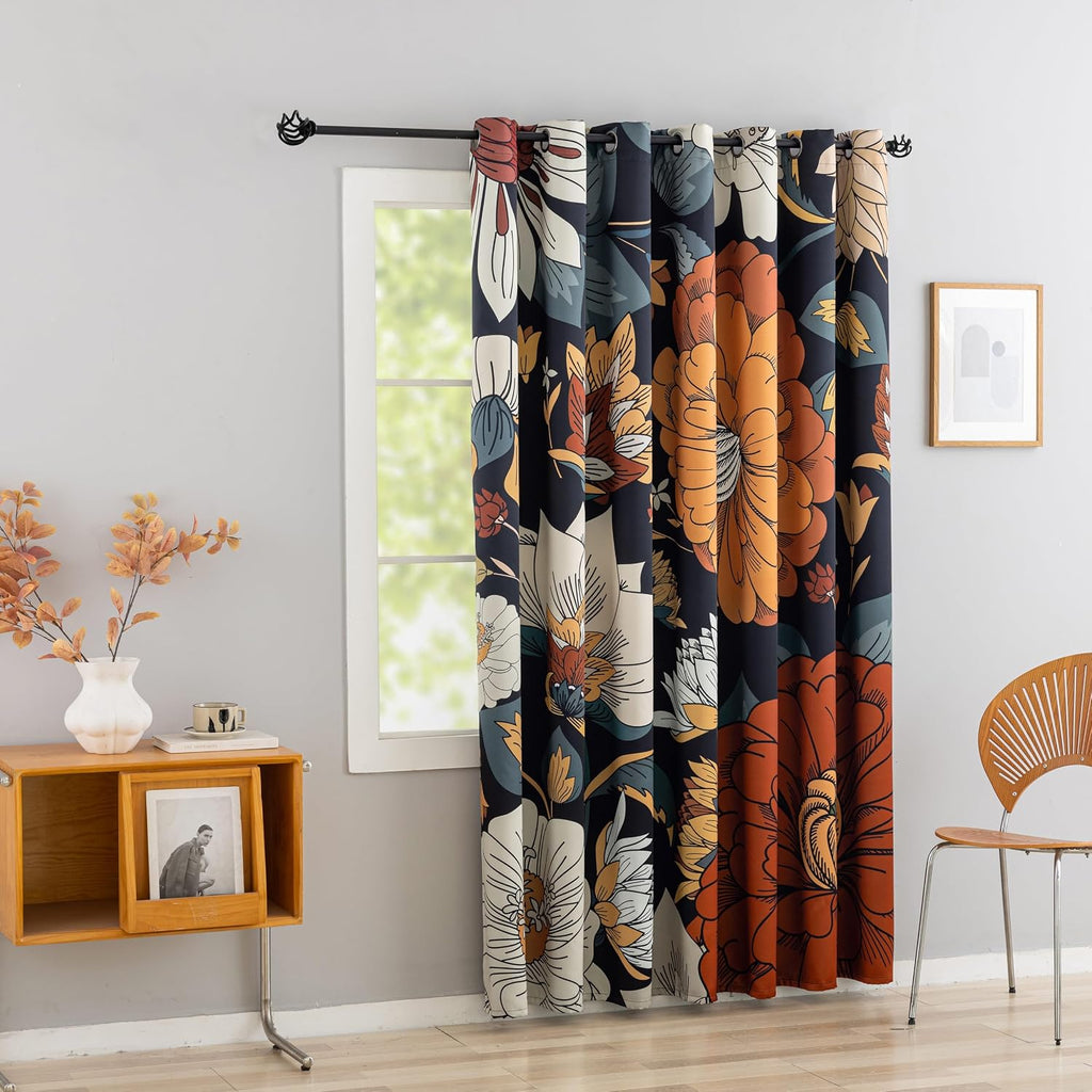 Tyrot Black Boho Floral Blackout Curtains for Sliding Glass Doors 84 inch Length Extra Wide Curtains for Patio Sliding Door Living Room…