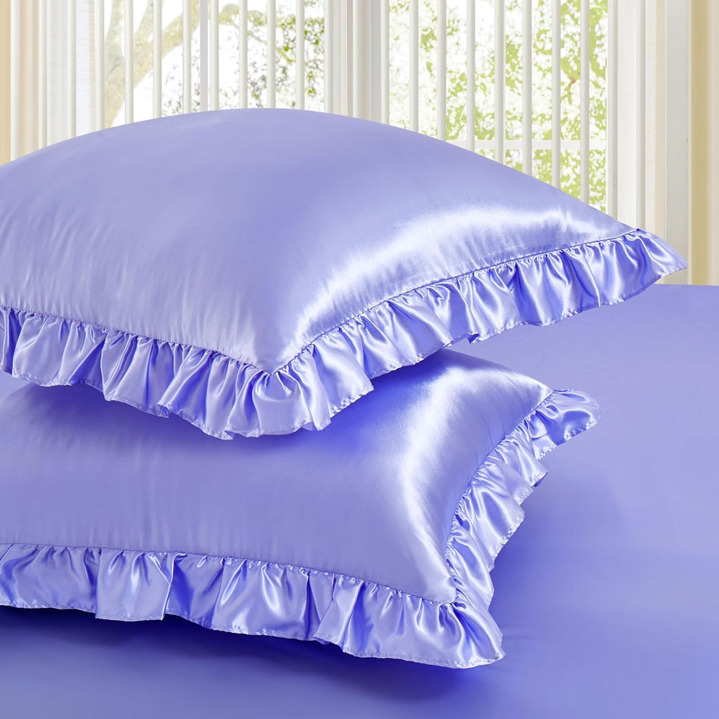 Homiest Ruffle Euro Sham Covers 26x26 Inch Set of 2, Lavender Satin Pillow Shams with 3 Inch Wide Decorative Ruffled, European Square…