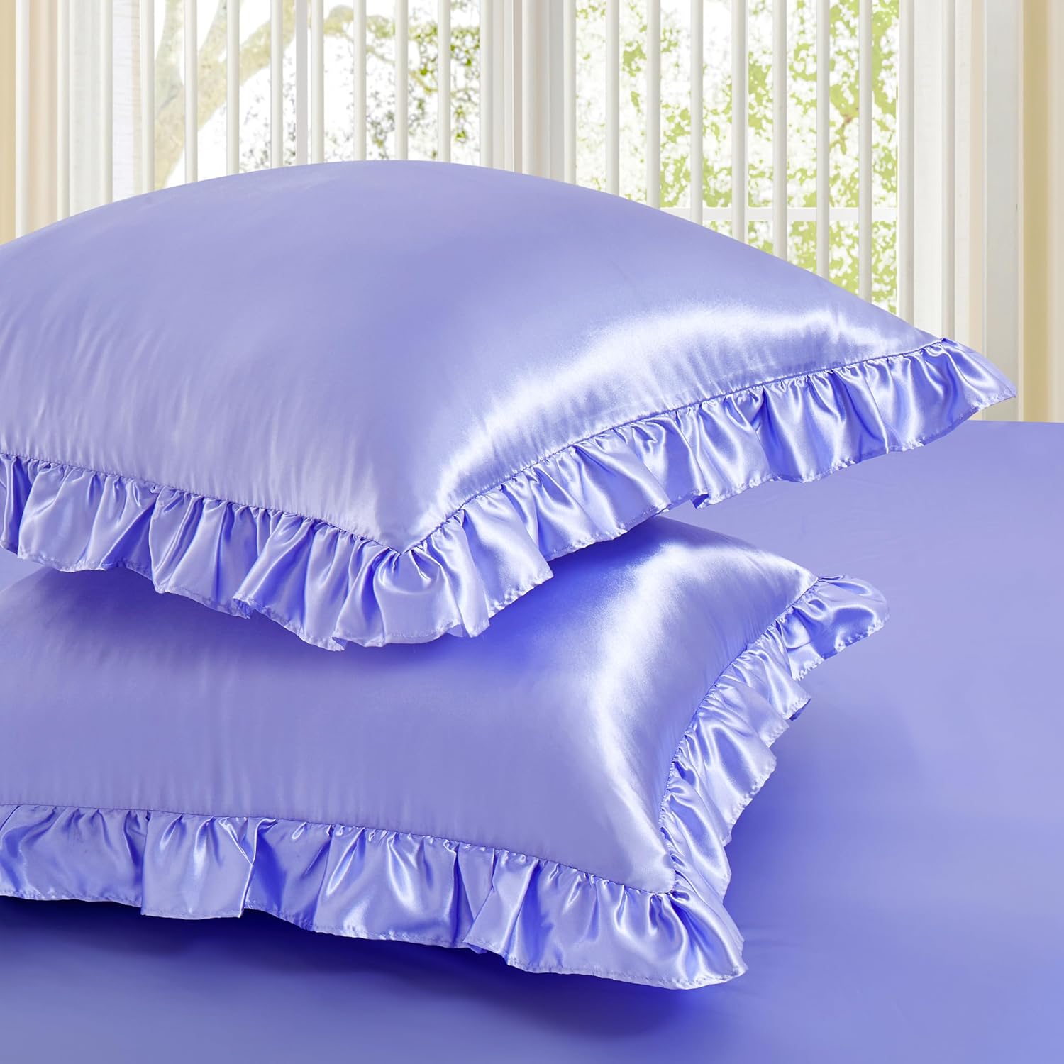 Homiest Ruffle Euro Sham Covers 26x26 Inch Set of 2, Lavender Satin Pillow Shams with 3 Inch Wide Decorative Ruffled, European Square…