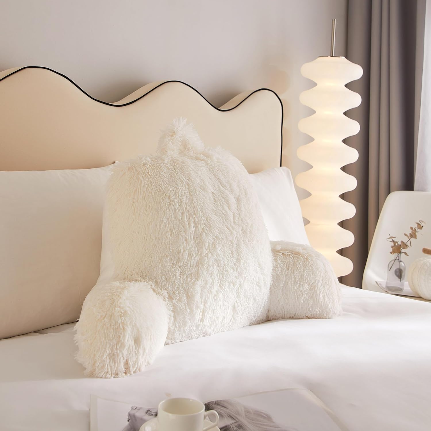 Urban Lifestyle Decorative and Supportive Backrest Reading Bed Pillow, Ultra Soft Long Hair Faux Fur Reverse to Mink Fabric, Ivory