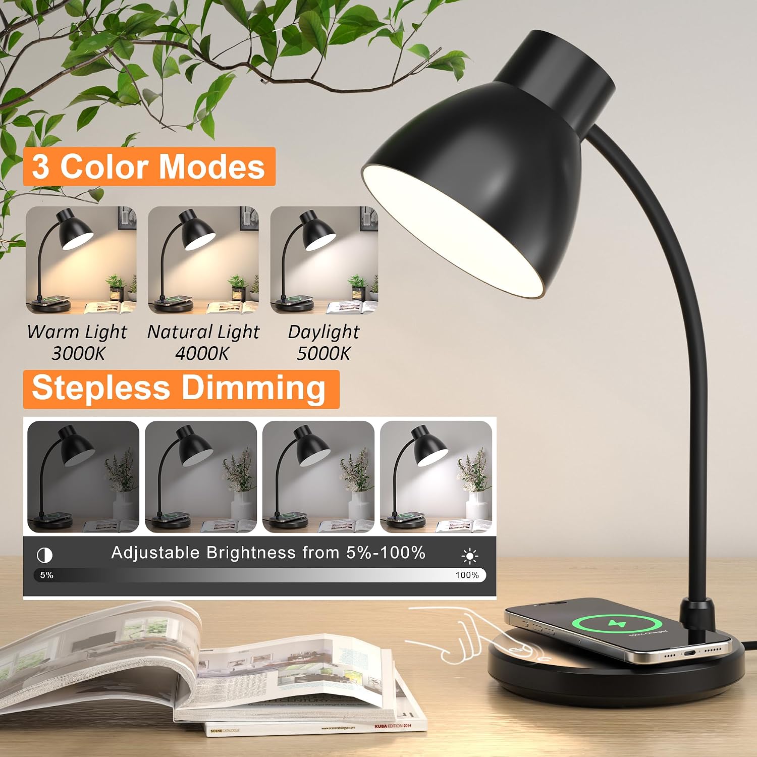 Desk Lamps for Home Office - LED Desk Lamp with Wireless Charger, 3 Color Modes Dimmable Eye-Caring Study Reading Desk Light, Small…