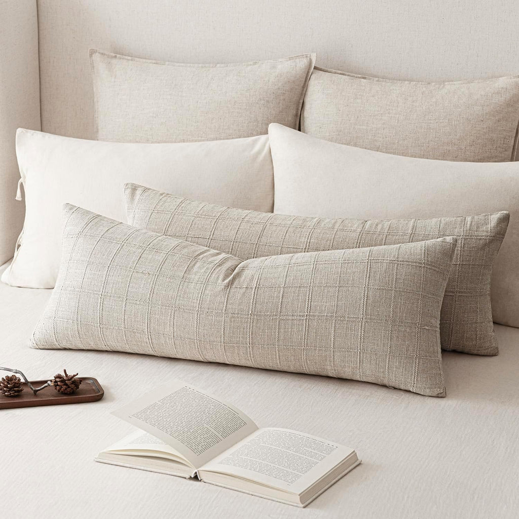 Foindtower Set of 1 Decorative Linen Check Throw Pillow Cover Neutral Long Body Lumbar Cushion Cover Farmhouse Vintage Boho Home Decor…