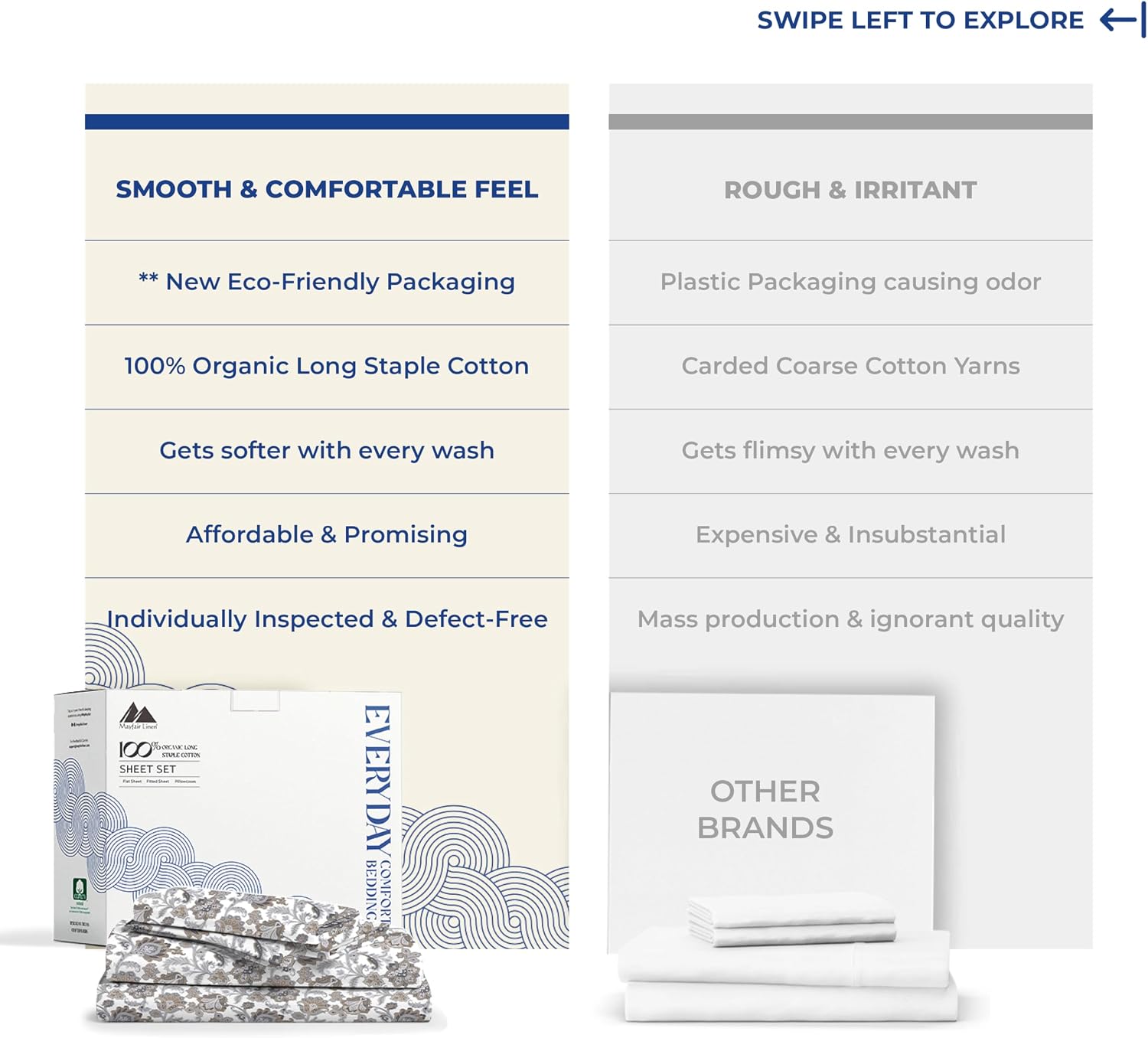 Mayfair Linen 100% Organic Cotton Printed Sheets Twin XL Size - Percale Weave Cotton Twin XL Size Sheet Set (4 PC, Floral Ivory), Soft &…