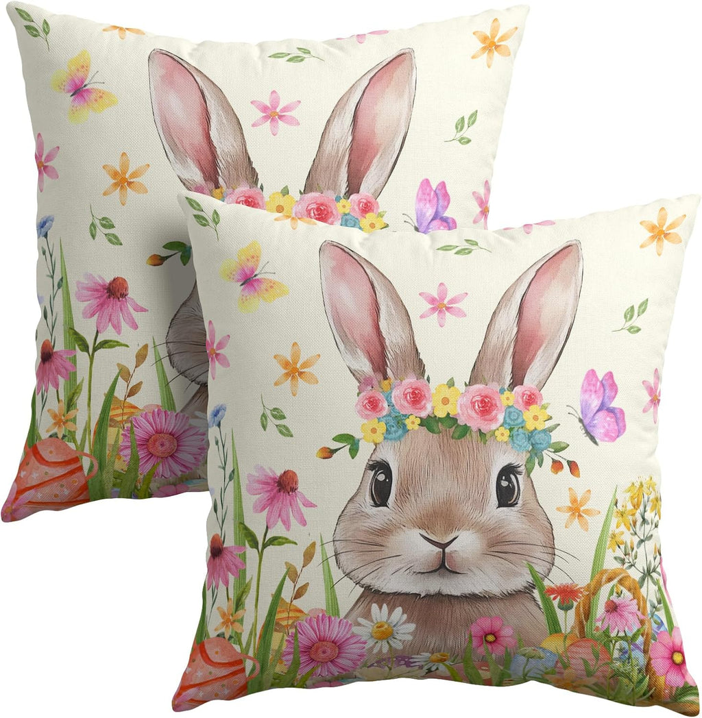 Easter Rabbit Throw Pillow Covers 16x16 Inch Set of 2 Cute Bunny Cotton Linen Square Cushion Case Spring Colorful Floral Easter Theme…