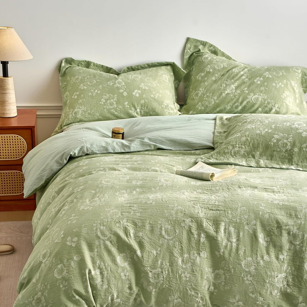 mixinni King Size Reversible Jacquard Duvet Cover Set – 100% Washed Cotton Green Floral Textured Comforter Cover with Vintage Rose & Butter…