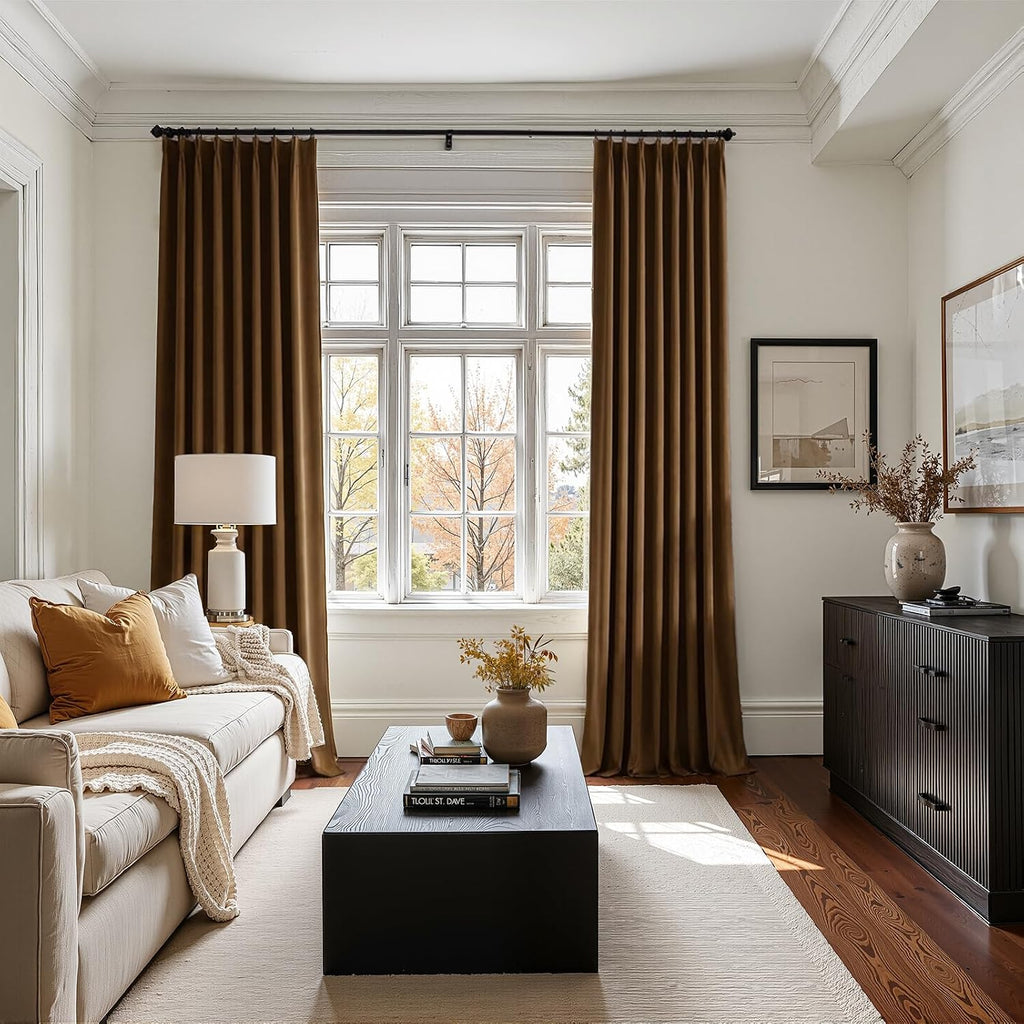 Drapenova Brown Gold Custom Velvet Curtains 108 Inches Long for Living Room Large Window Viral Elegant Pinch Pleated Room Darkening…