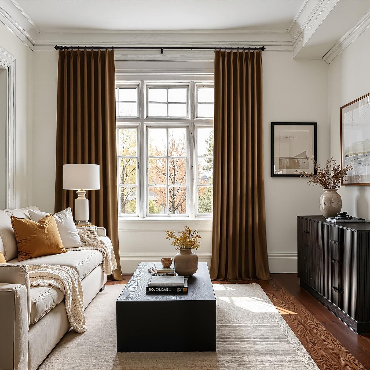 Drapenova Brown Gold Custom Velvet Curtains 108 Inches Long for Living Room Large Window Viral Elegant Pinch Pleated Room Darkening…