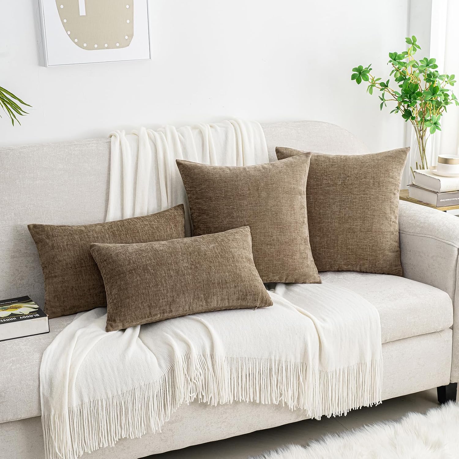 Hwy50 HWY 50 Taupe Couch Pillow Covers 16x16 Inch Pack of 2, Soft Chenille Decorative Throw Pillow Cases Farmhouse for Sofa Living Room Bed…
