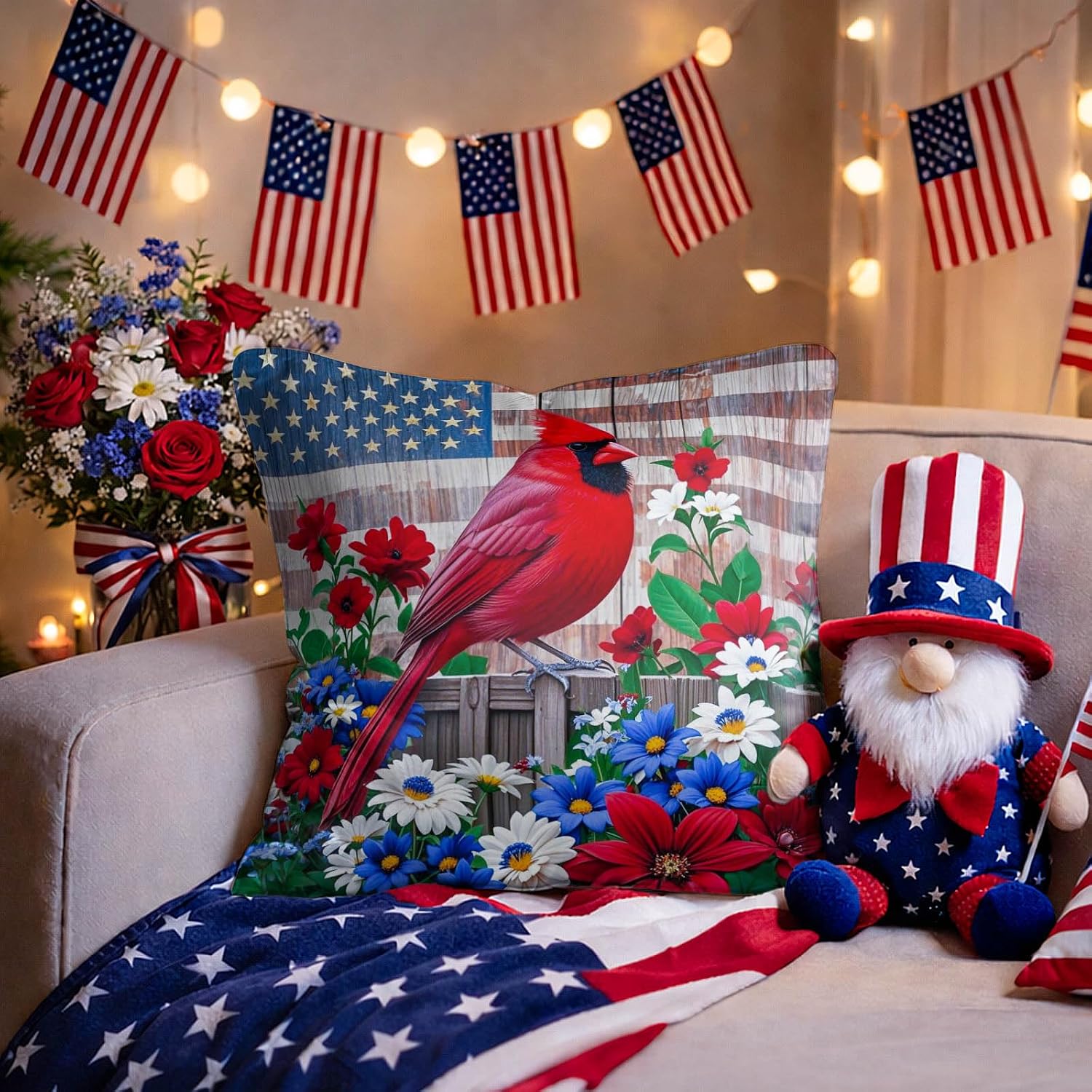 BlissYard Patriotic Cardinal Pillow Covers 18x18 Set of 2 American Flag Throw Pillow Covers 4th of July Decorative Pillow Covers Satin…