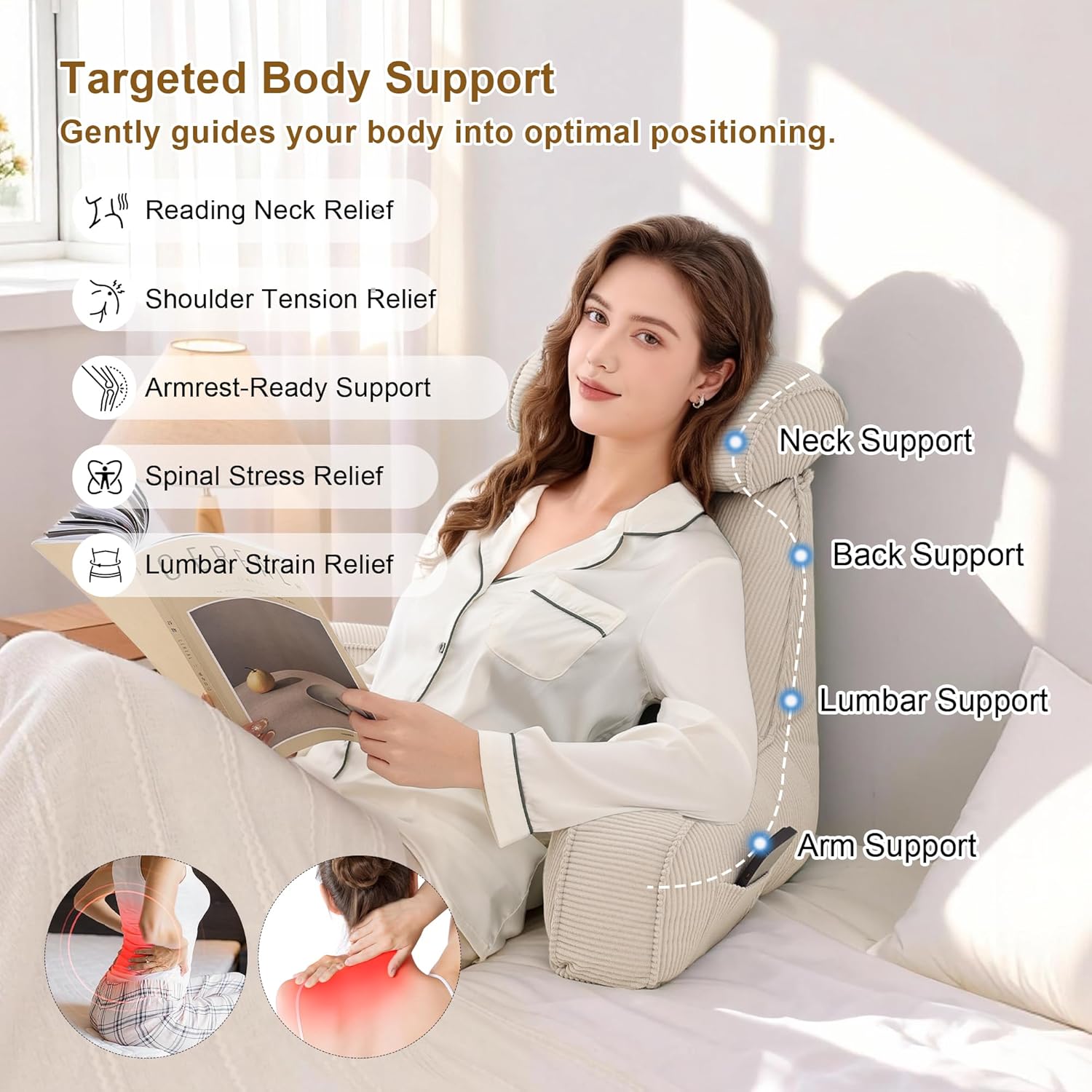 Ailuteie Reading Pillow for Sitting Up in Bed, Corduroy Backrest Pillow with Arms, Side Pocket & Washable Cover, Bed Rest Pillow Back Suppo…
