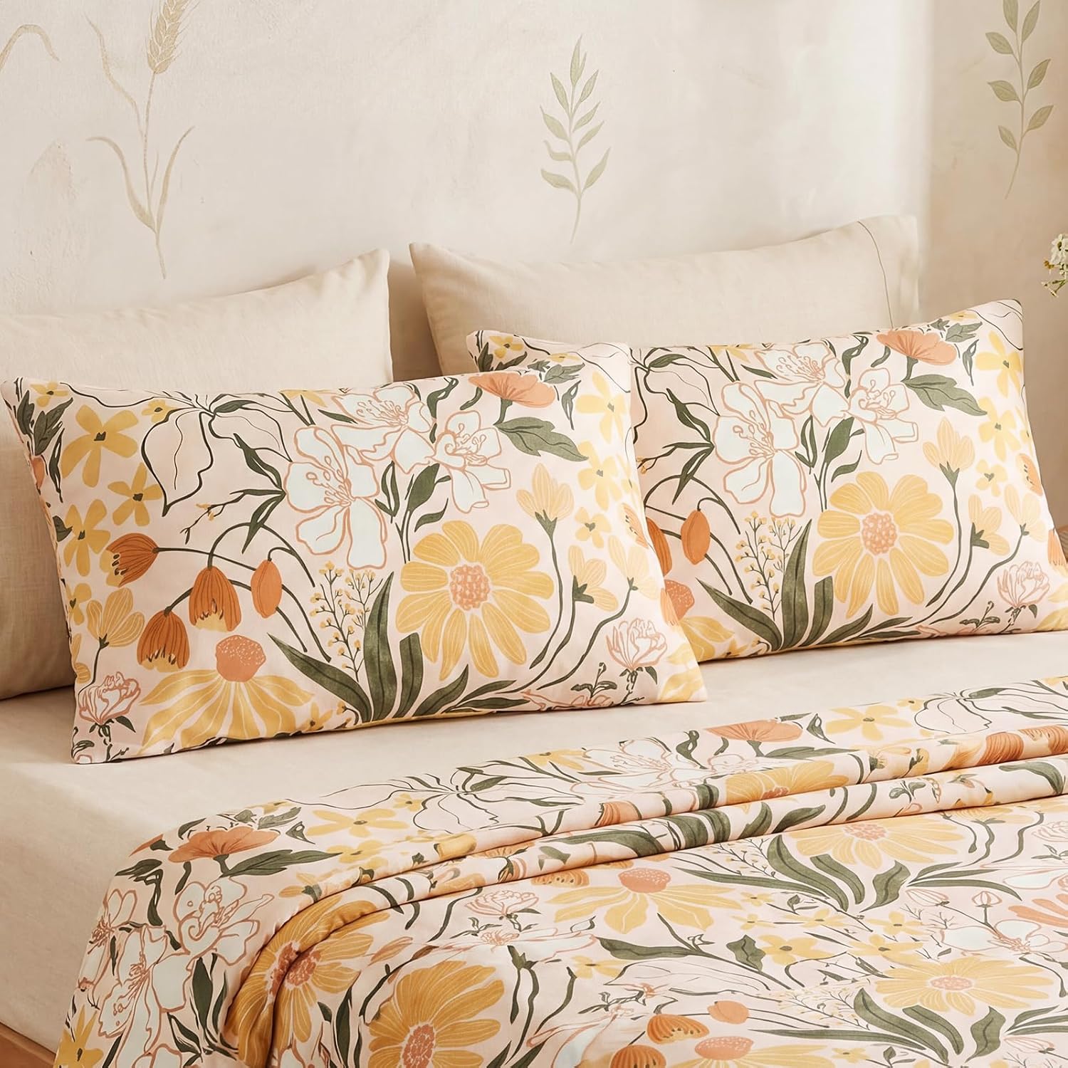 Bedorm 100% Cotton Pillowcases Set of 2 Standard Size Pillow Cover Yellow Floral Botanical Pillow Cases Soft & Breathable Pillowcases with…