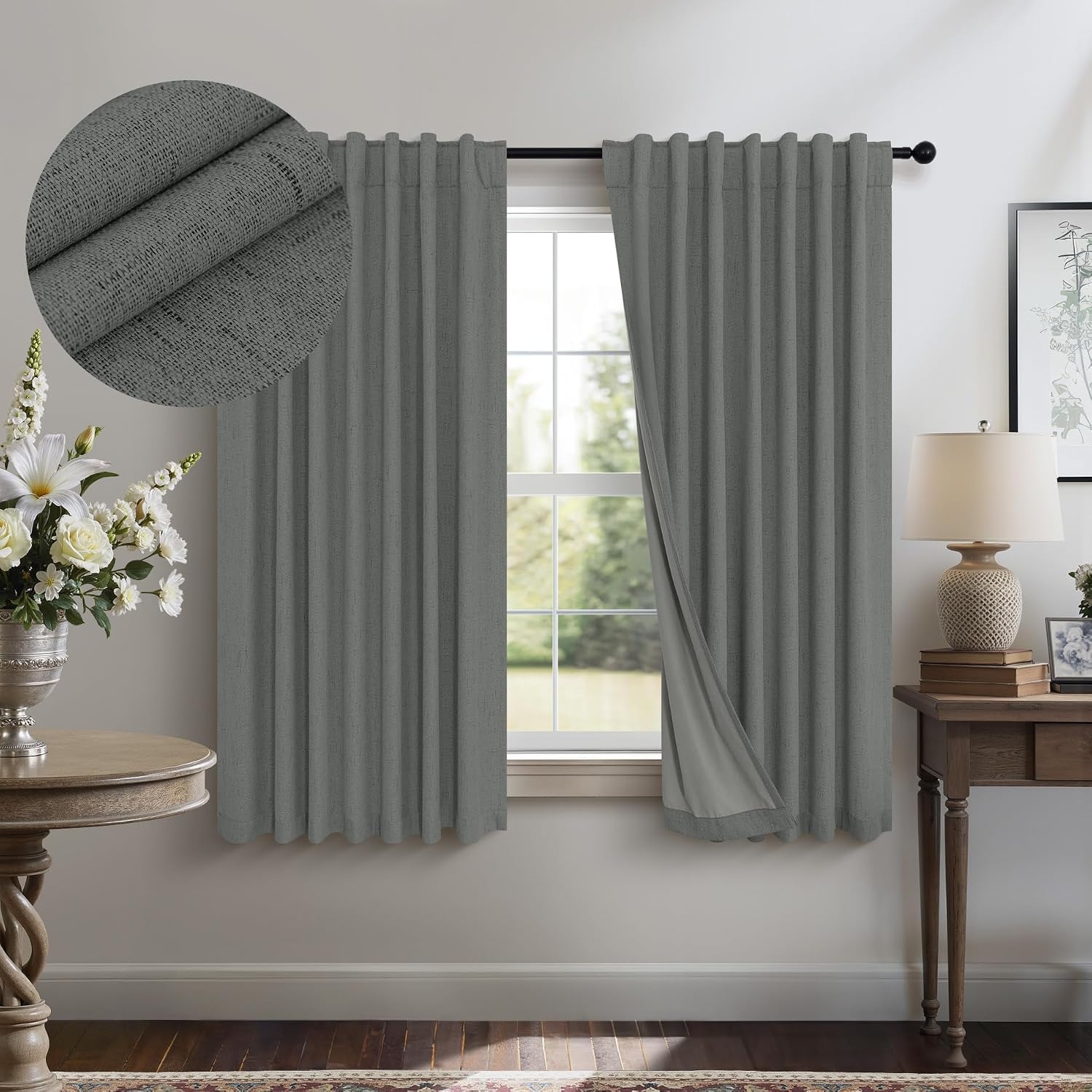 Pitalk Linen Textured Black Out Blinds for Window 45 Inch Length 2 Panel Modern Farmhouse Kitchen Curtain Small Blackout Short Half Curtain…