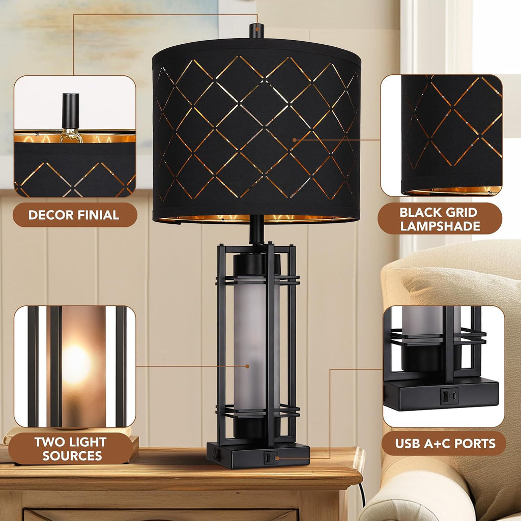 Modern Table Lamp Set of 2, Nightstand Lamps with Black Grid Shade, Bedside Lamps with USB A+C Charging Ports, Decorative Table Lamp…