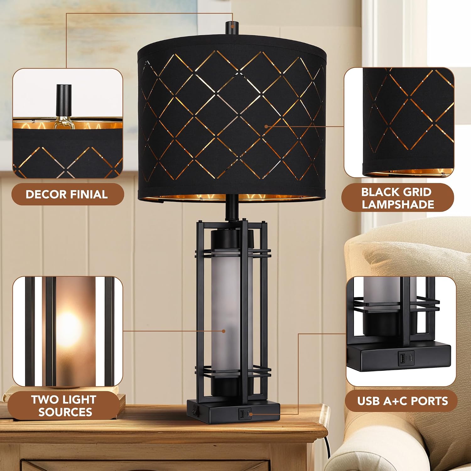 Modern Table Lamp Set of 2, Nightstand Lamps with Black Grid Shade, Bedside Lamps with USB A+C Charging Ports, Decorative Table Lamp…