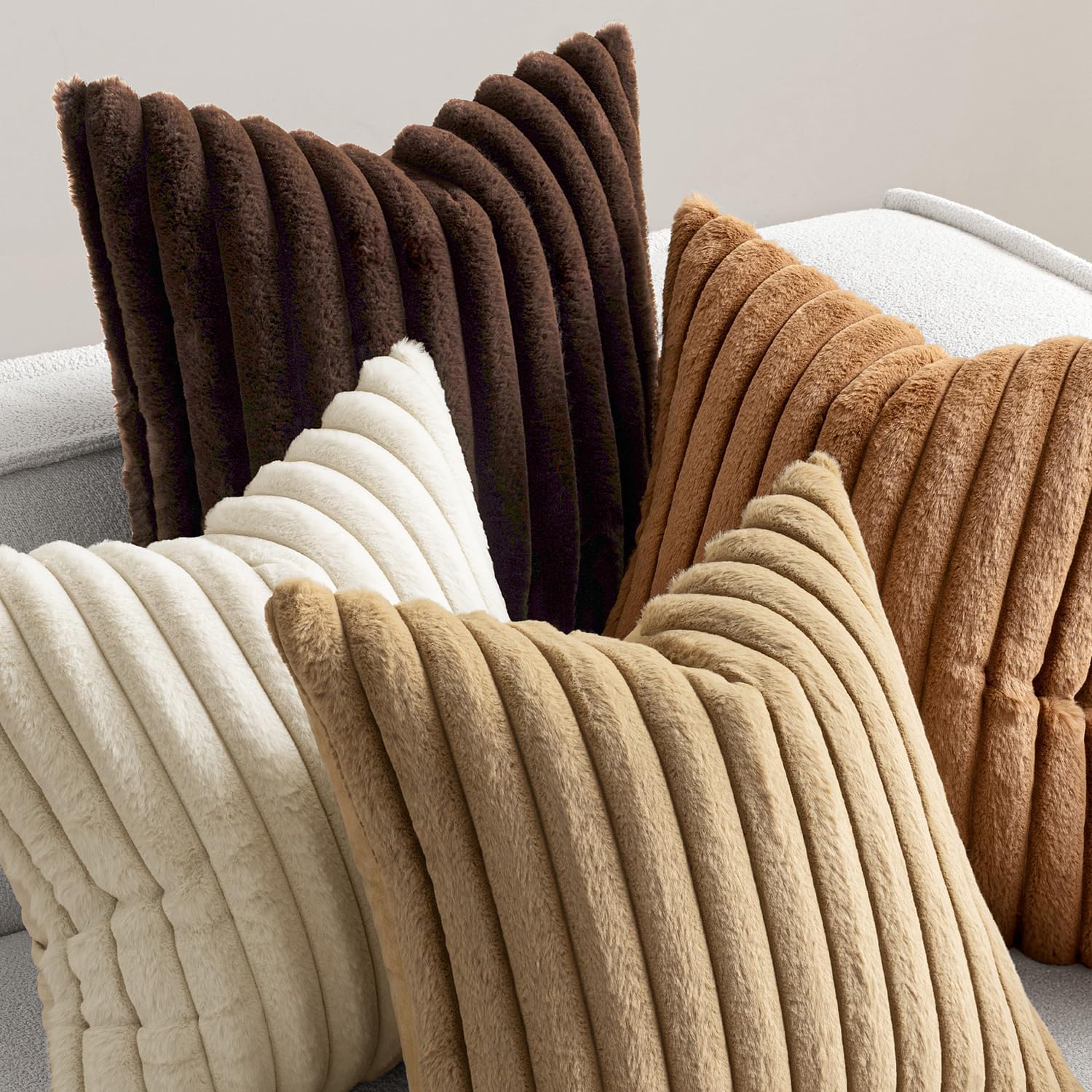 Miulee Faux Fur Plush Decorative Throw Pillow Covers 18x18 Set of 4, Boho Farmhouse Soft Fuzzy Striped Cushion Covers for Sofa Couch Bed Li…