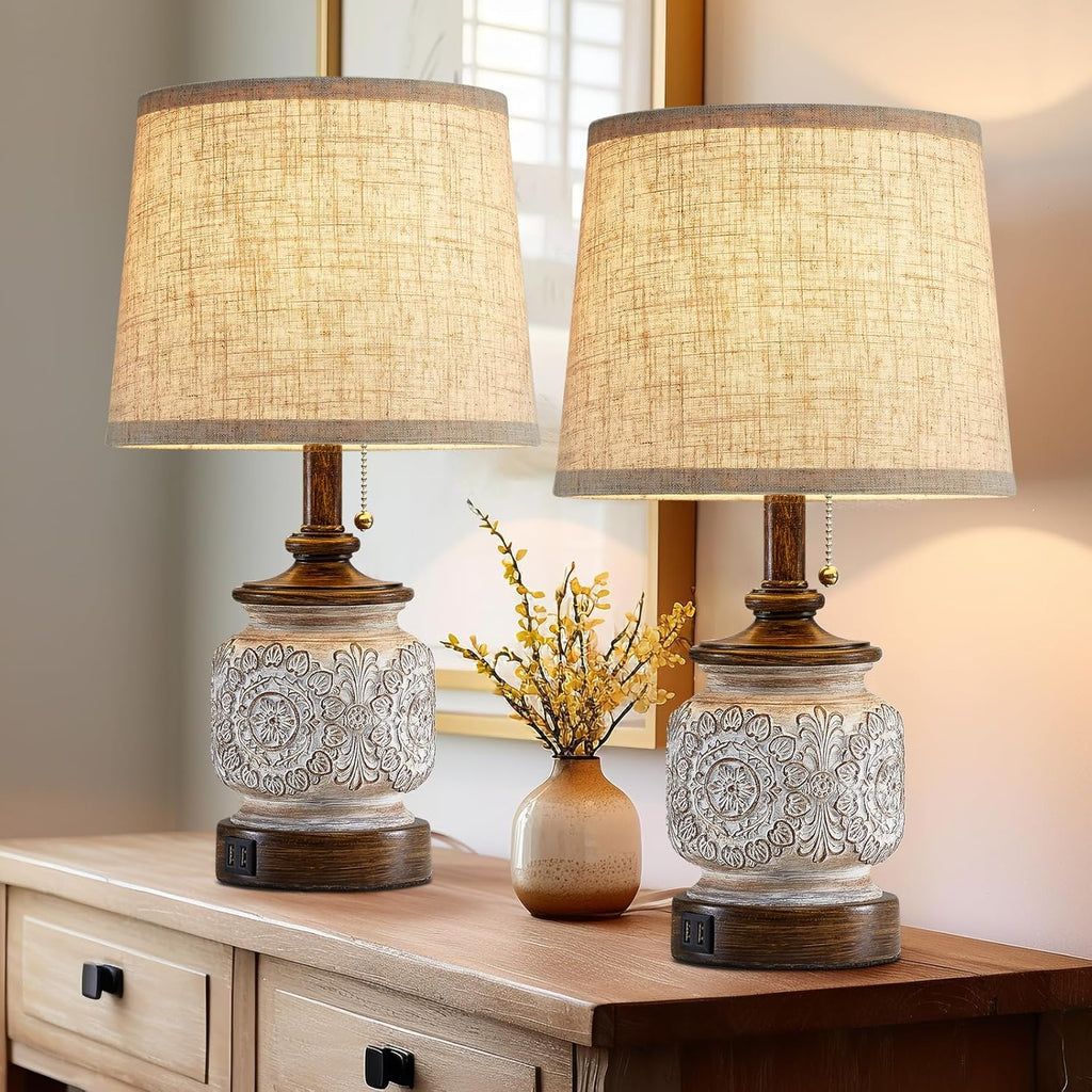 19.5" Farmhouse Bedside Table Lamps Set of 2 Rustic Lamps for Nightstand Bedroom with USB Ports Vintage Traditional White Carved Floral…