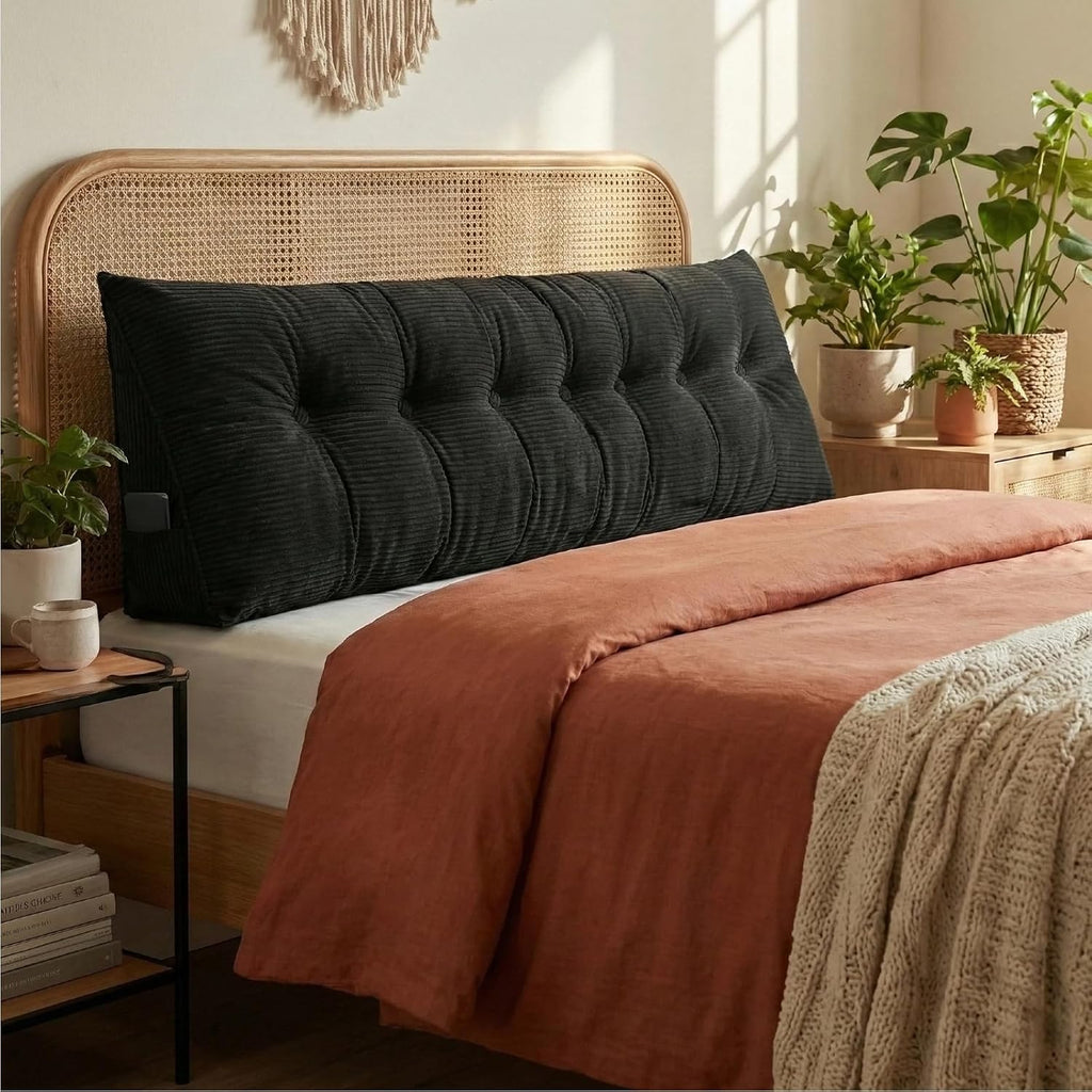 Wedge Reading Pillow Headboard King Size, Headboard Bolster Pillow for Bed, Triangular Backrest Cushion with Removable Corduroy Cover, Black