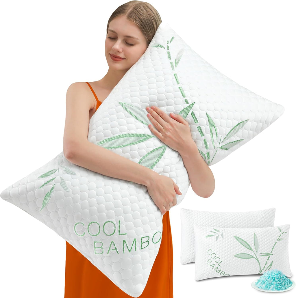 DGPEAR Cooling Pillows, Shredded Memory Foam Pillows Standard Size Set of 2 Adjustable Firm Bamboo Bed Pillows for Hot, Side, Back a…
