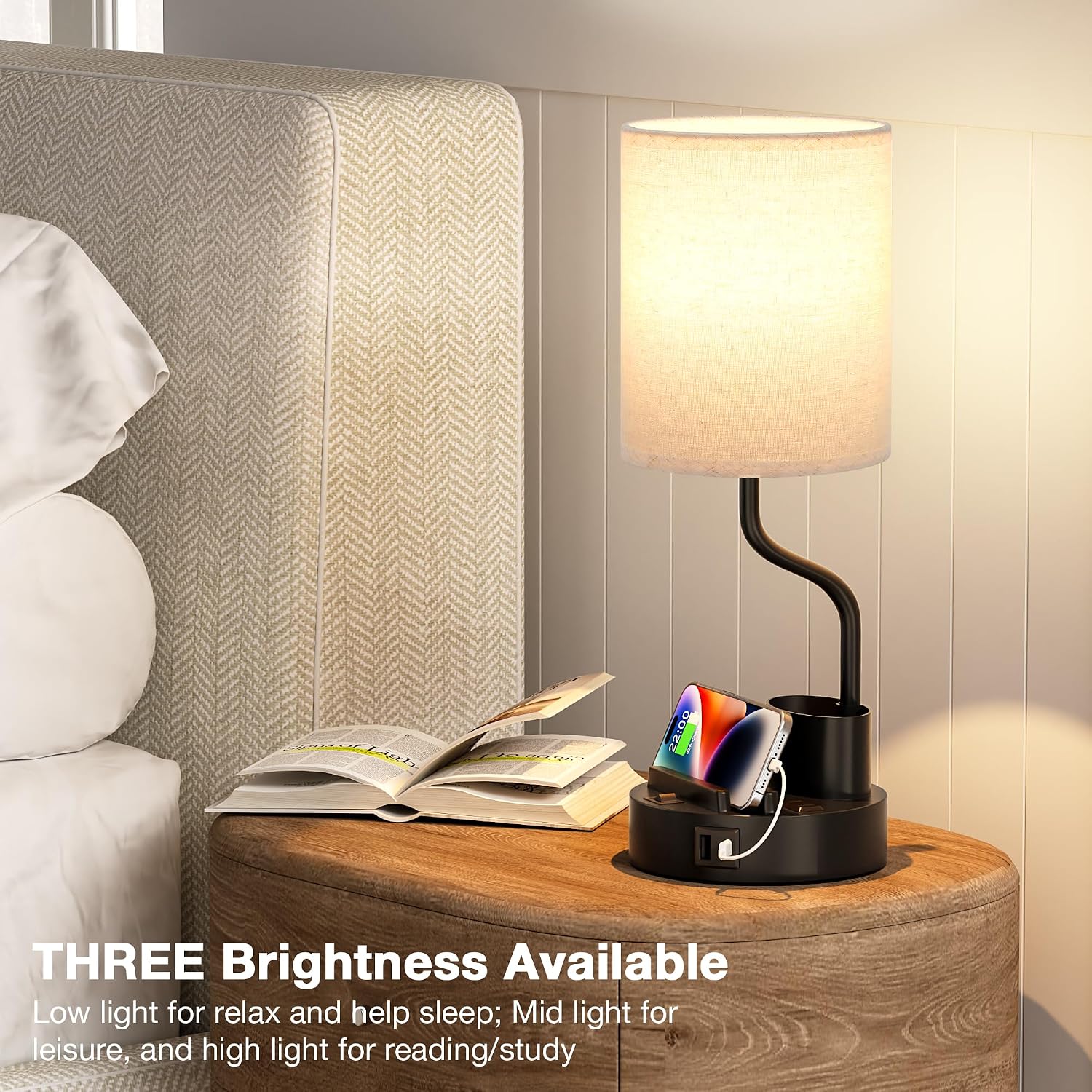 Bedside Table Lamps for Bedroom Set of 2 - Nightstand Light with AC Outlet and USB A & C for Charging, 3 Color Temperatures, Study Desk…