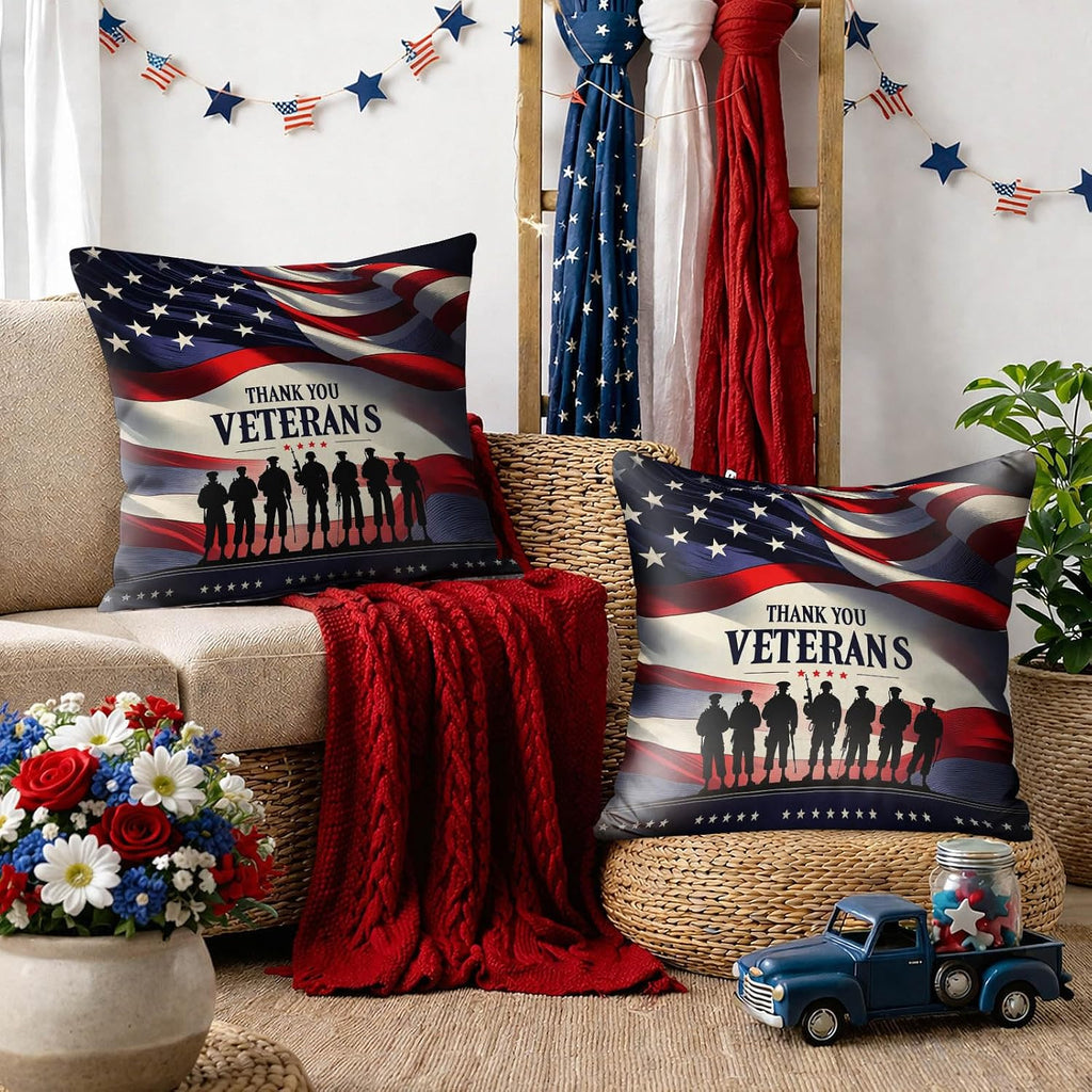 BlissYard Throw Pillow Covers 18x18 Set of 2 Thank You Veterans Pillow Covers Decorative American Flag Pillow Covers Veterans Day…