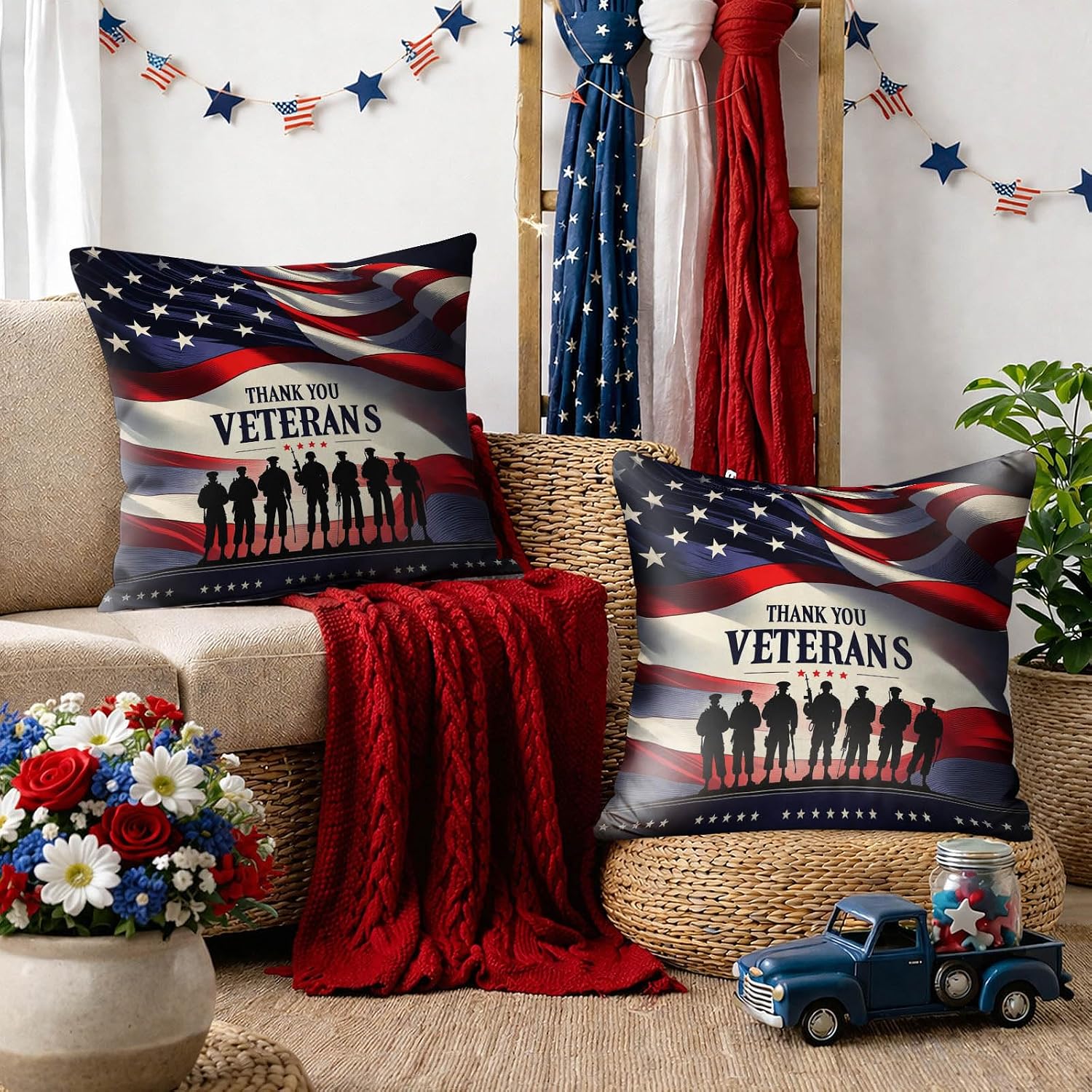 BlissYard Throw Pillow Covers 18x18 Set of 2 Thank You Veterans Pillow Covers Decorative American Flag Pillow Covers Veterans Day…