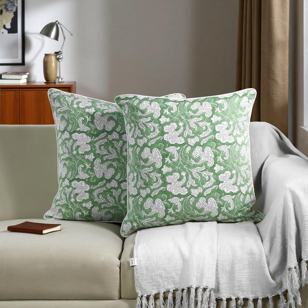 Ridhi Block Print Sage Green Pillow Cover 18" x 18" (Pack of 2) Decorative Couch Pillows for Living Room, Farmhouse Chic Boho Cute Outdoor…