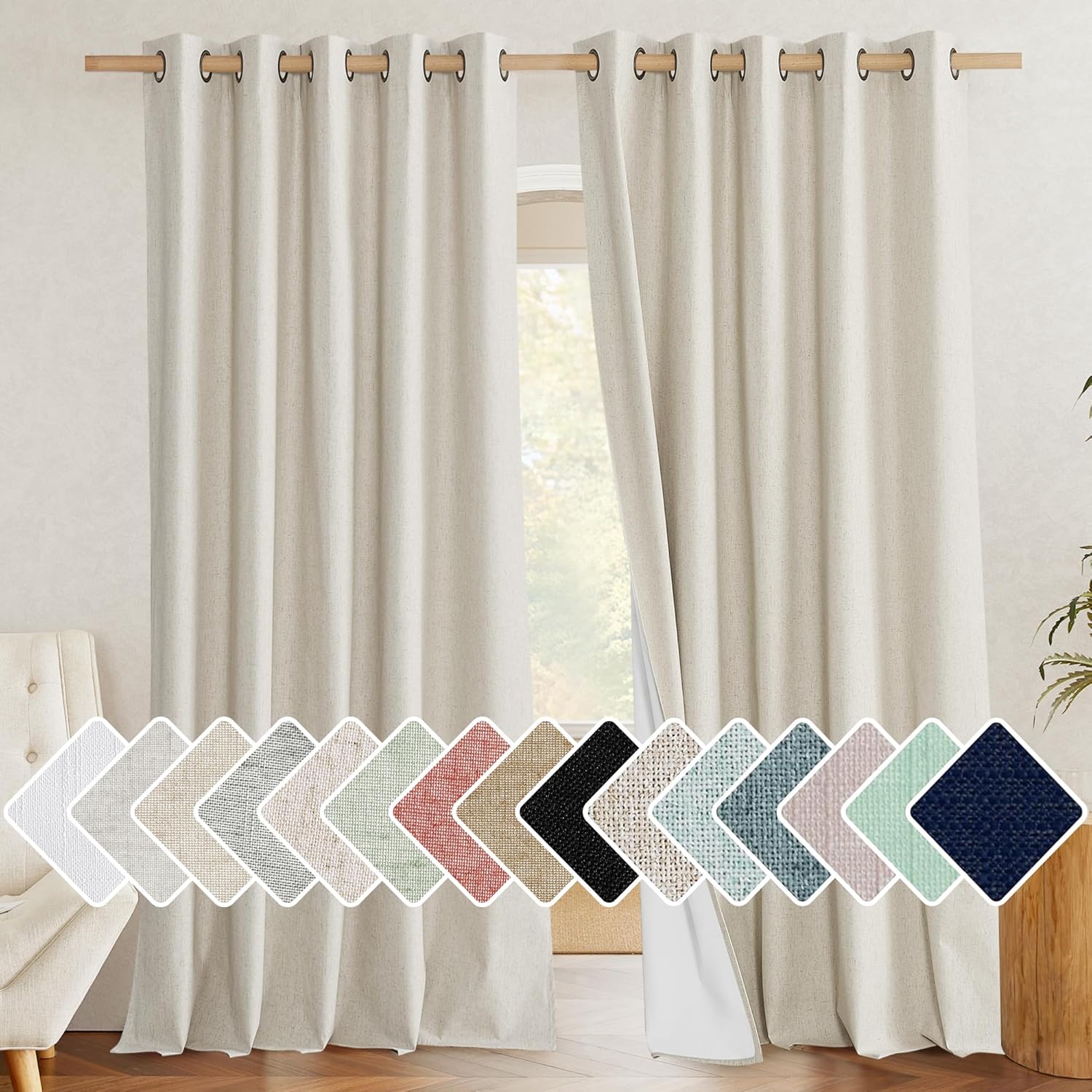 NICETOWN 100% Blackout Natural Linen Curtains 95 inches Length for Dining Room, 2 Panels Set, 62" Wide, Farmhouse Style Room Cooling…