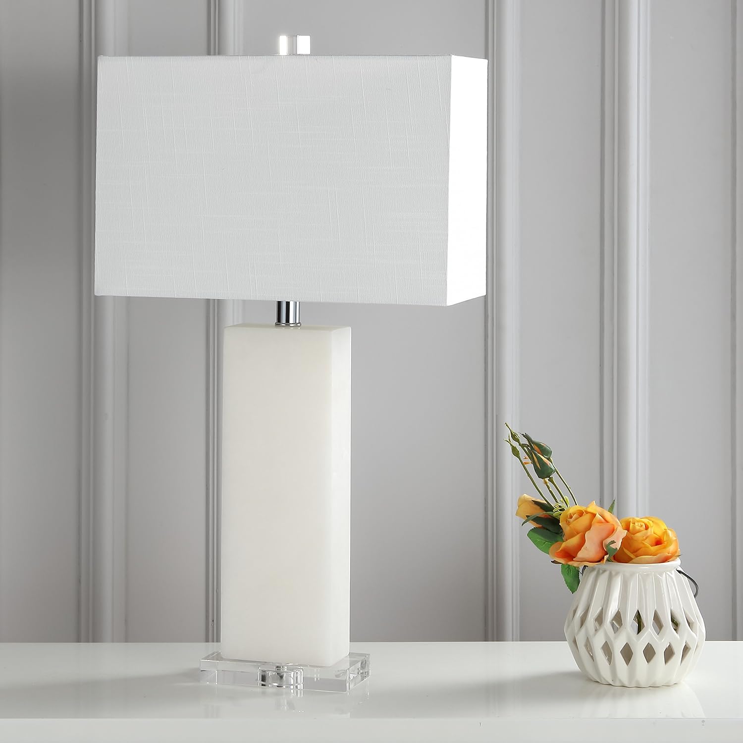 JONATHAN Y 27" White Alabaster Rectangular Table Lamp Contemporary Modern Bedside Nightstand Lamp for Living Room Bedroom with White…