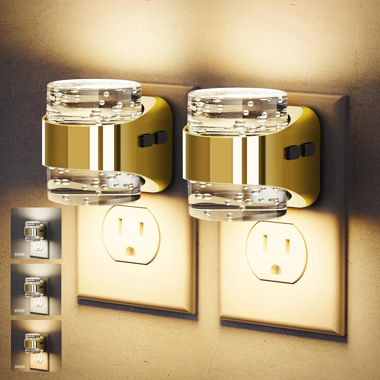 JandCase LED Night Light, Golden Bubble Night Lights Plug into Wall, [2 Pack]Night Light3000K/4000K/5000K & 3 Brightness Levels, Dimmable…
