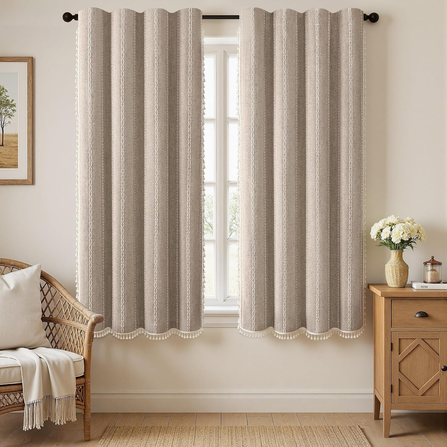 XOGUIBO Brown Boho Blackout Curtains 2 Panels 63 Inch for Living Room Bedroom, Warm Taupe Linen Texture Farmhouse Curtains with Tass…