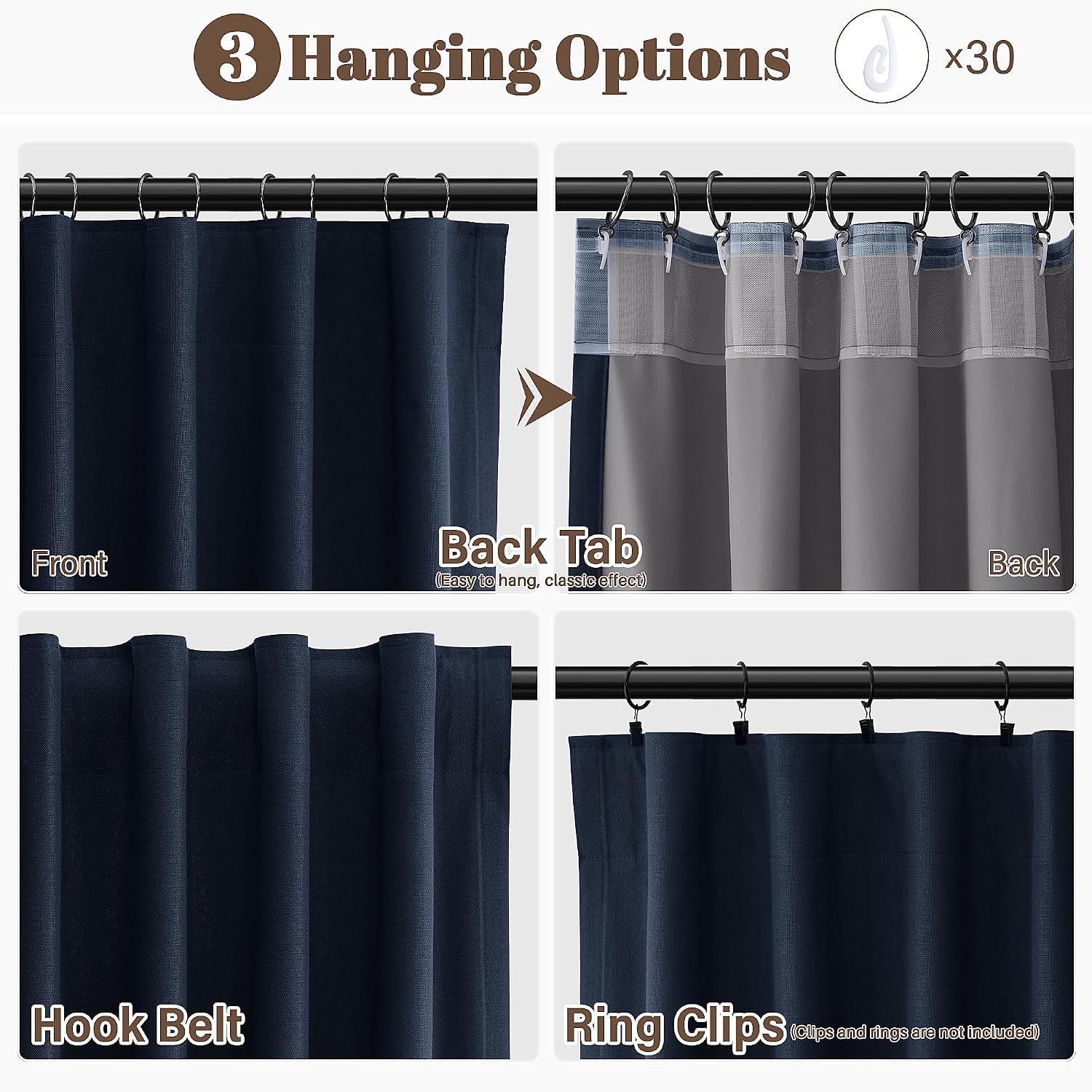 Guken Navy Blue 100% Blackout Linen Curtains 96 Inches Long for Bedroom Living Room Textured Elegant Back Tab Black Out Room Darkening Ther…