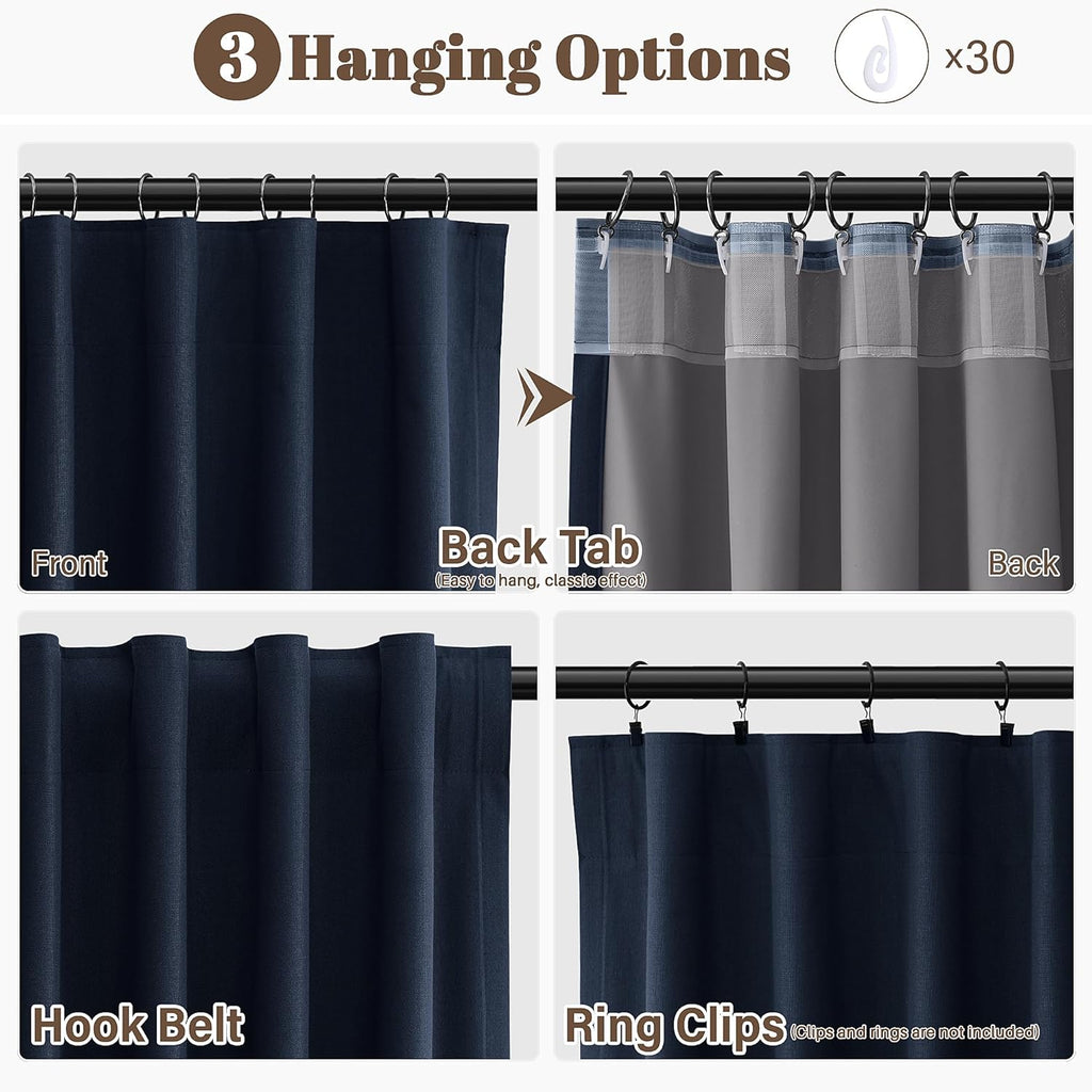Guken Navy Blue Linen 100% Blackout Curtains for Bedroom 108 Inches Long Textured Back Tab Hook Belt Room Darkening Black Out Thermal Insul…