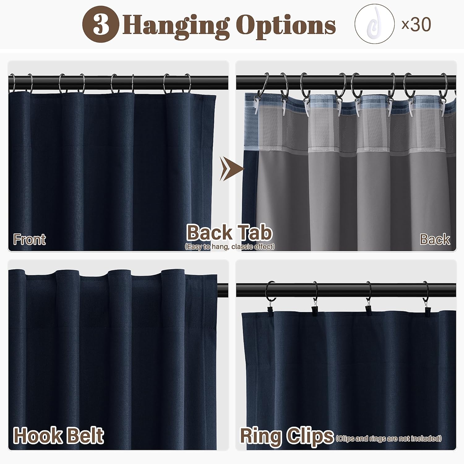 Guken Navy Blue Linen 100% Blackout Curtains for Bedroom 108 Inches Long Textured Back Tab Hook Belt Room Darkening Black Out Thermal Insul…