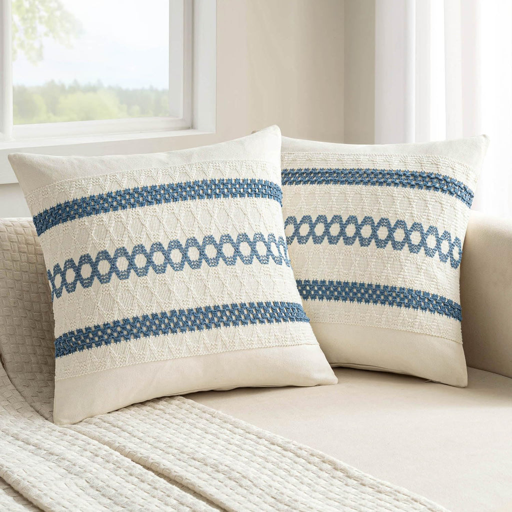 MIULEE Set of 2 Coastal Blue Boho Decorative Pillow Covers 20x20 Inch Farmhouse Rustic Couch Throw Pillows Modern Summer Cotton Cushion…