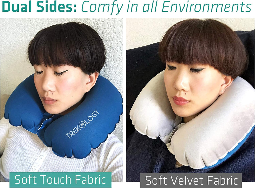TREKOLOGY Inflatable Neck Pillow for Travel – Compact Ultralight Air Pillow with Button Inflation & Quick Deflate – Dual-Fabric Neck…