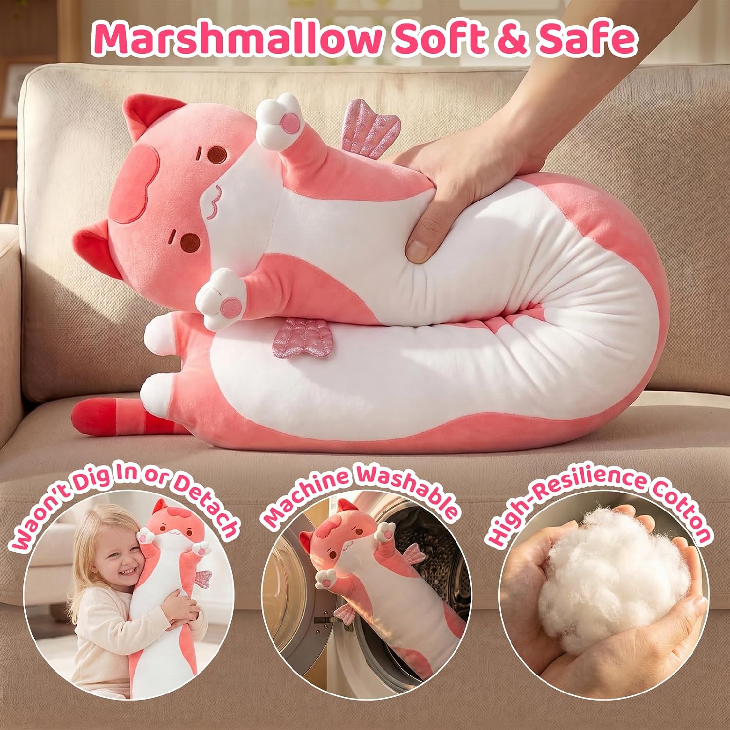 Mewaii Long Cat Plush 5 Sizes, 120% Extra Filling Giant Plushness Kids Body Pillow, Kawaii Cute Pink Cat Stuffed Animals Plushies, Big…