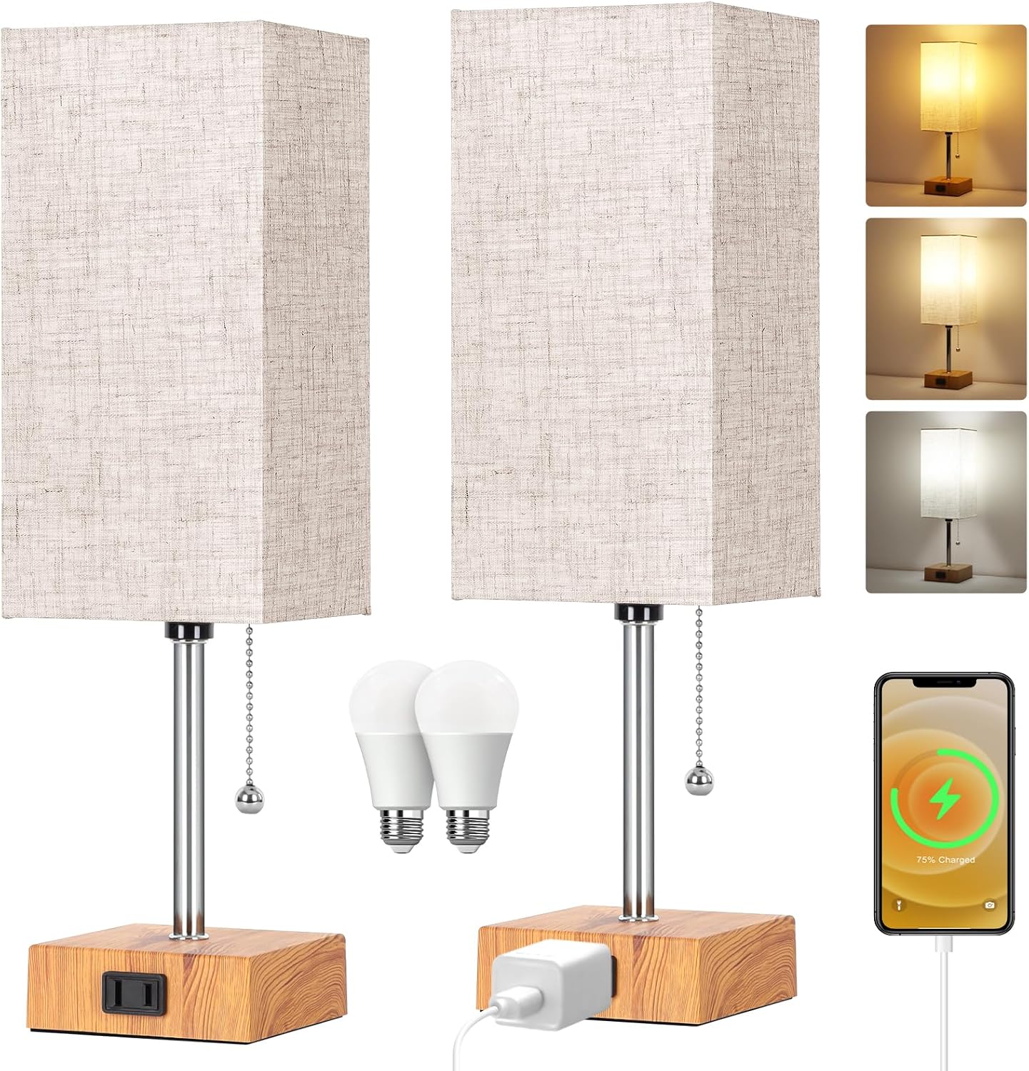 Table Lamp for Bedroom set of 2,3-Color Bedside Lamps with Pull Chain Table Lamps for Nightstand with AC Outlets, Small Night Light Lamps…