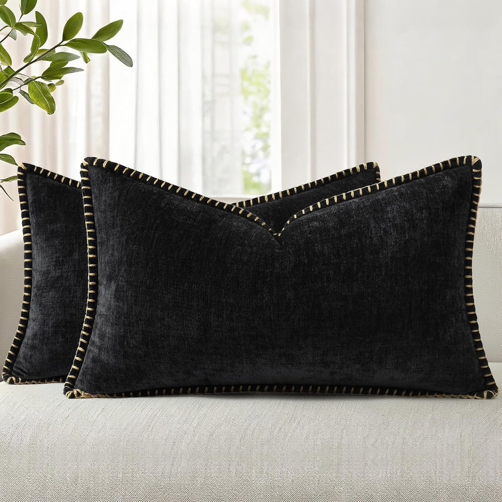 decorUhome Chenille Soft Cozy Throw Pillow Covers 12x20 Set of 2, Modern Farmhouse Boho Velvet Decorative Pillow Cases with Stitched Edge f…
