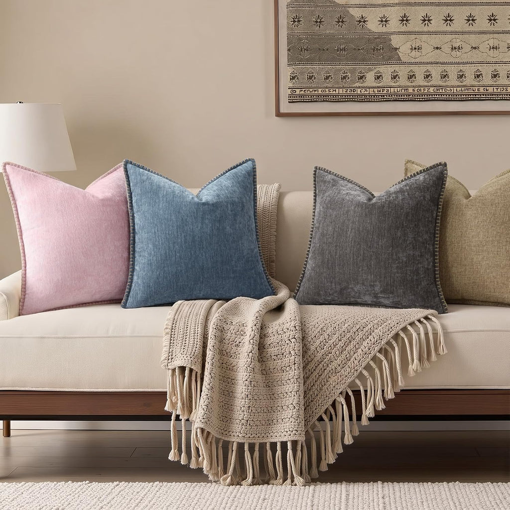 decorUhome Chenille Soft Throw Pillow Covers 24x24 Set of 2, Farmhouse Velvet Neutral Decorative Euro Sham Pillow Covers with Stitched Edge…