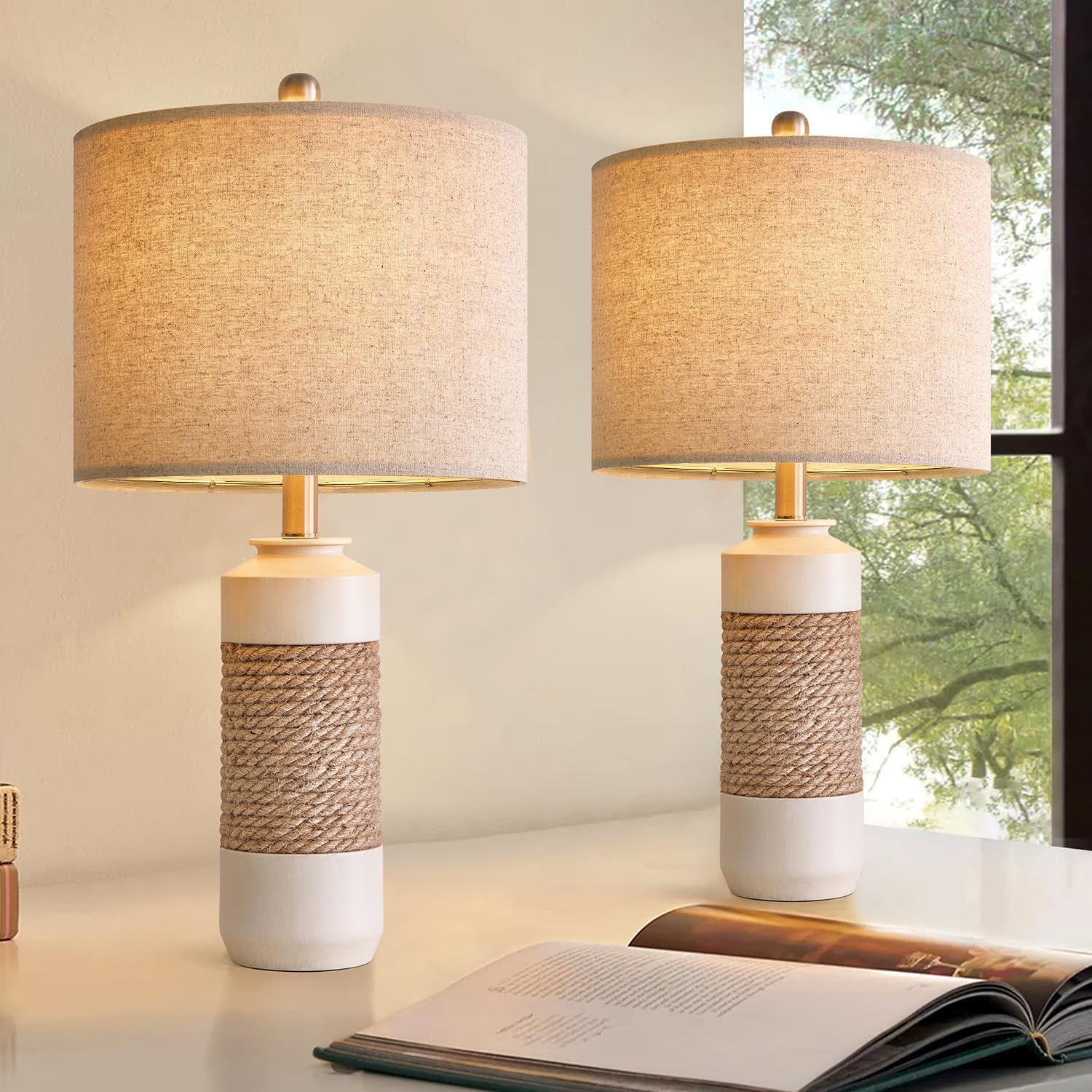 OYEARS 23.75" Bedside Table Lamps Set of 2 for Sleeping and Reading, Vintage Farmhouse Rattan Table Lamp Antique White Resin Lamp for…