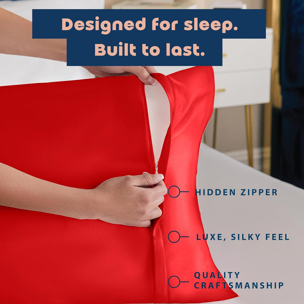 Blissford Satin Pillowcase with Zipper, for Hair and fabric comfort, Feels Soft and Cool Like a Silk Pillowcase, Red Satin Pillow Cases…