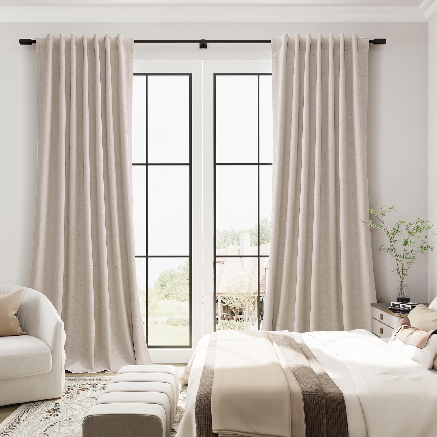 Guken Oatmeal 100% Blackout Linen Curtains for Bedroom 108 Inch Length Hook Belt Textured Neutral Room Darkening Thermal Insulated Soundpro…