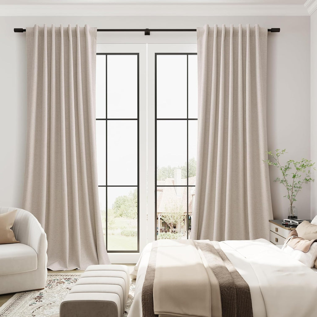 Guken Oatmeal Linen 100% Blackout Curtains for Bedroom 120 Inches Long 2 Panels Set Textured Back Tab Hook Belt Thermal Insulated Sound Pro…